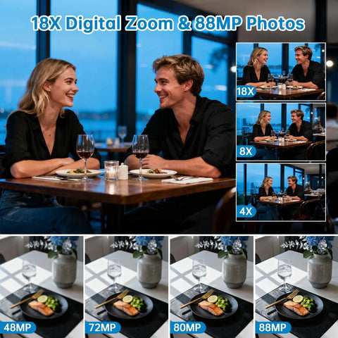 Comparison of image quality and zoom levels with Dope 8K Camcorder With 88MP Ultra HD Video, highlighting couple at dinner, 2025 model.