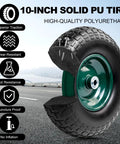 10-inch solid PU tire with green rim, showcasing durability features like superior traction and puncture proof qualities on road surface.