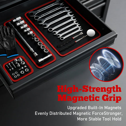 Three Piece Pro Magnetic Tool Mat Set With Pickup Tool Telescoping Magnetic Inspection Mirror Flexible PVC Pad Non Slip Holder And Tray For Mechanics Gear Garage Workshop And Repair Toolbox Organization in drawer with tools.