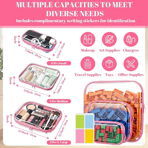 Top Shelf 12 Pack Clear Zipper Cases With 40 Label Stickers Stackable Travel Storage System Crush Resistant Pouches for makeup and art supplies.