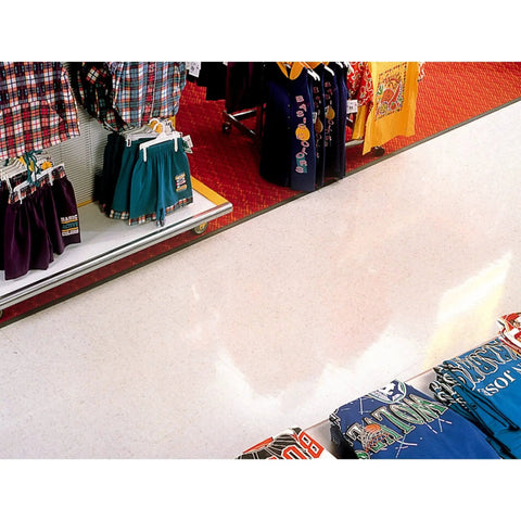 Shiny retail floor with Red 20 Inch Floor Scrub Pad For Spray Buffing And Light Cleaning, no visible soil scratches or scuff marks
