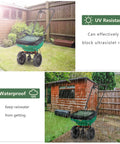 Mini Broadcast Spreader Cover With Clear PVC Window Waterproof 18.1 Inch By 16.1 Inch Fits Scotts Seed Spreader And Other Mini Spreader Brands Cover Only Spreader Not Included; spreader outside with cover under rain showcasing UV resistance and waterproof durability.
