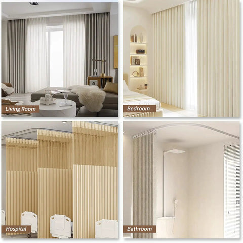 Flexible Bendable Ceiling Curtain Track Kit 9.8 Ft White With 26 Rollers 9 Brackets End Covers Hooks Drywall Anchors And Screws For Easy Install in living room, bedroom, hospital, bathroom