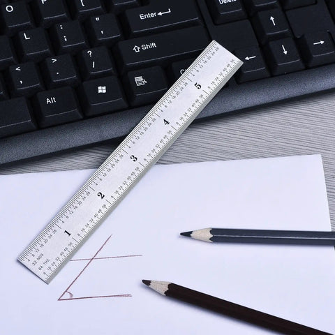 Two Pack Stainless Steel Ruler For Engineers And Makers, Dual Sided 6 Inch Machinist Ruler on desk with pencils and drawing