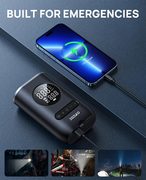 Cordless Tire Inflator With 150 PSI Auto Shut Off Pressure Gauge And LED Light Portable Air Pump in use with phone charging