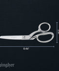 8 Inch Knife Edge Dressmaker Scissors For Fabric Cutting And Sewing, Bent-Handle Pro-Grade Shears With Flat-Sitting Design For Long Pattern And Seam Cuts, Forged Steel With Comfortable Grip For Smooth, Heavy-Duty Performance. Silver forged steel dressmaker scissors shown flat with 8.46-inch length