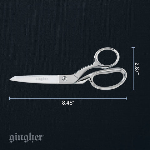 8 Inch Knife Edge Dressmaker Scissors For Fabric Cutting And Sewing, Bent-Handle Pro-Grade Shears With Flat-Sitting Design For Long Pattern And Seam Cuts, Forged Steel With Comfortable Grip For Smooth, Heavy-Duty Performance. Silver forged steel dressmaker scissors shown flat with 8.46-inch length
