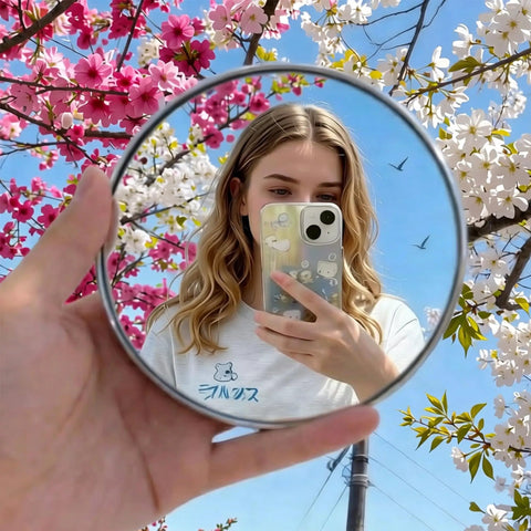 Handheld Convex Mirror Set Portable Shatter Resistant Lens Create Wide Angle Photos Perfect For Solo And Group Vibes While Keeping Gear Safe For Easy Travel Always Fits In Purse Or Backpack No Drama Snaps Guaranteed Today Lets See This, image of user taking a selfie with a convex mirror outdoors.