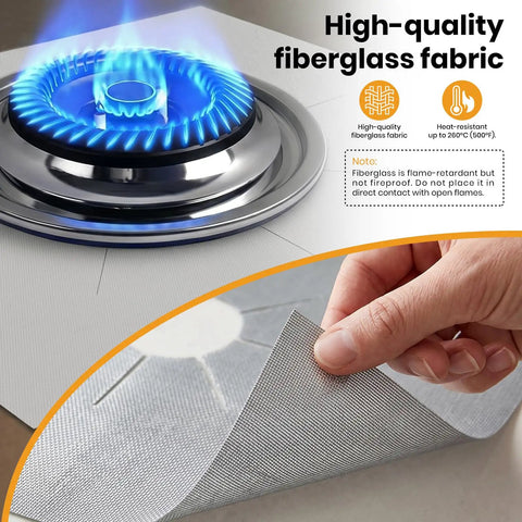 Gas Stove Burner Covers Heat Resistant Reusable Burner Liners for No Mess Cleanup and Spill Prevention Easy to Clean Stove Top Protectors for Kitchen Gas Ranges 8 Pack Silver close-up of silver heat-resistant liner being lifted near burner