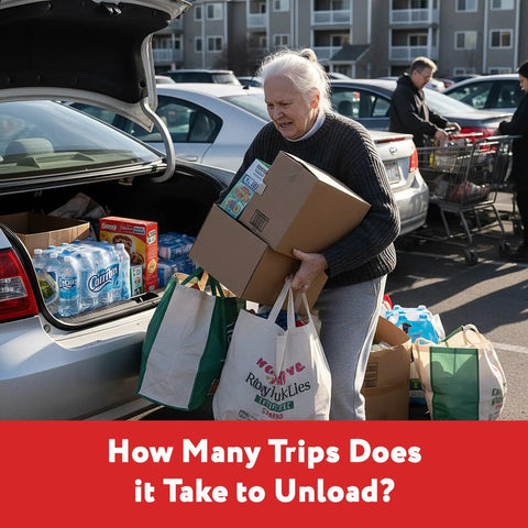 Person unloading groceries from car trunk with bags and boxes in a parking lot.