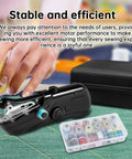 Portable Mini Sewing Machine For Beginners With An Integrated Storage Kit shown with sewing accessories and storage case.