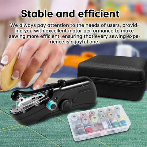 Portable Mini Sewing Machine For Beginners With An Integrated Storage Kit shown with sewing accessories and storage case.