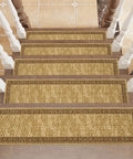 Non Slip Stair Treads For Wood Steps Indoor 15 Piece PVC Backed Yellow Stair Carpet Mats Safe Durable Easy Install For High Traffic Home Stairs And Hallways, arranged on wooden staircase indoors.
