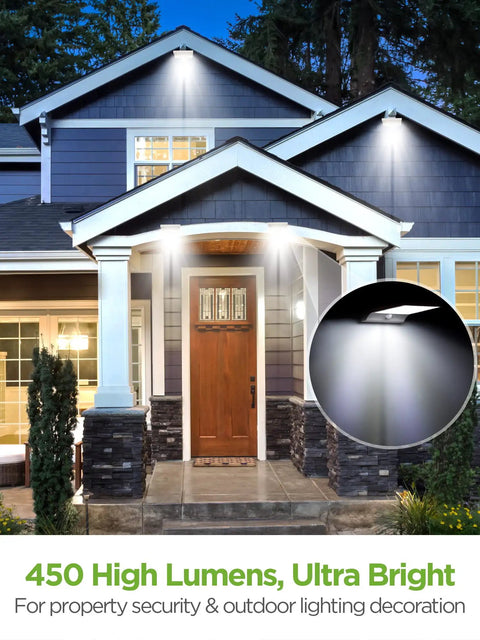 Front view of house with Outdoor Solar Wall Mount Lights Pack of 2 with 80 LEDs, Motion Sensor, 450 Lumens illuminating entrance.