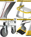 Top Shelf Heavy Duty Aluminum Rolling Platform Ladder With Smooth Glide Casters And Reinforced Safety Rails 375 Lb Capacity showing wheels, chassis, anti-slip foot pads.