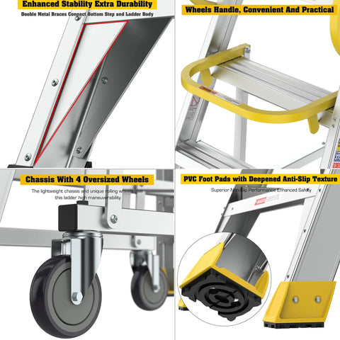 Top Shelf Heavy Duty Aluminum Rolling Platform Ladder With Smooth Glide Casters And Reinforced Safety Rails 375 Lb Capacity showing wheels, chassis, anti-slip foot pads.