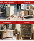Various industrial handling setups with 8 Inch Polyurethane Caster Wheels including equipment, trolleys, workbench, and shelves.