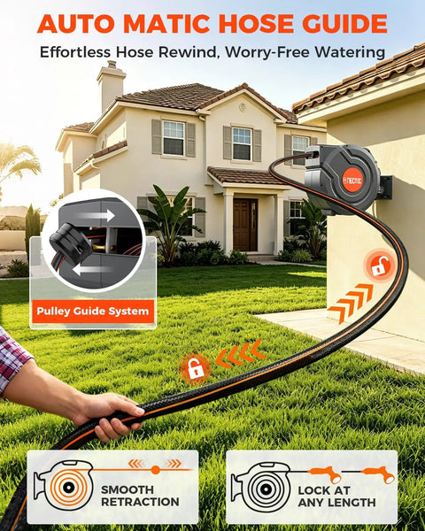Beefed Up Heavy Duty Wall Mount Retractable Garden Hose Reel With Ninety Foot Reach in use with automatic guide on lawn
