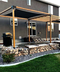 6x6 Pergola Bracket Kit With Powder Coated Carbon Steel Post Brackets installed on outdoor patio with stone foundations.