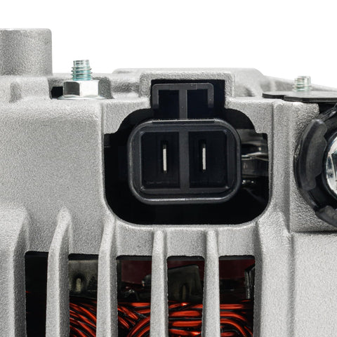 Close-up of Nissan Rogue 2008-2012 Beefed-Up High Amp Alternator Replacement, connector and housing detail.