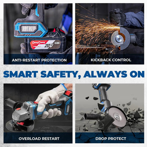 Cordless Angle Grinder 20V Four And A Half Inch 9000 RPM With Variable Speed and Slide Switch Powerful 1000W Brushless Motor DSC Protection for cutting and grinding with anti-restart, kickback control, overload restart, and drop protection features.