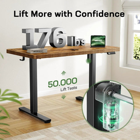 Marsail 48 X 30 Electric Standing Desk With One Piece Thickened Desktop, showing 176 lbs capacity and robust lifting mechanism.