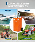 Image of 35 Gallon Fuel Caddy With Pump For Cars, Lawn Mowers, ATVs And Boats, showcasing compatibility with ships, cars, tractors, and mowers.