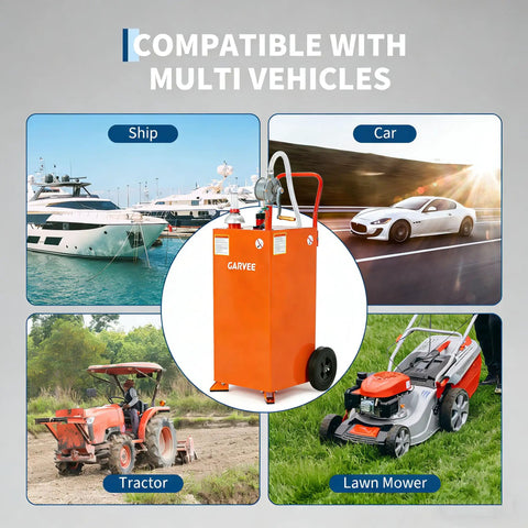 Image of 35 Gallon Fuel Caddy With Pump For Cars, Lawn Mowers, ATVs And Boats, showcasing compatibility with ships, cars, tractors, and mowers.