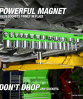 Six Pack Magnetic Socket Tray Set With Color Coded Metric And SAE Organizers holds sockets under car, powerful magnet