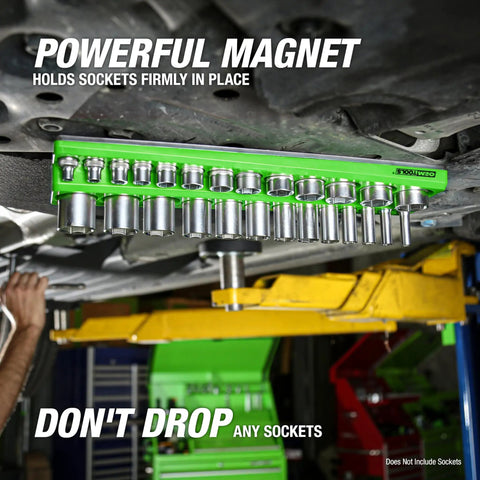 Six Pack Magnetic Socket Tray Set With Color Coded Metric And SAE Organizers holds sockets under car, powerful magnet