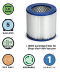 HEPA Cartridge Filter For Ash Vacuum - Dry Ash Filtration, No Mess, 1 Pack, High-Efficiency Ash Dust Filter Replacement, durable.