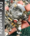 Close-up of gears and components in the 3D Space Rabbit Metal Puzzle Kit For Adults With Lights, Astronaut Mechanical Model DIY Ornament.