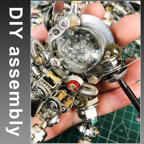 Close-up of gears and components in the 3D Space Rabbit Metal Puzzle Kit For Adults With Lights, Astronaut Mechanical Model DIY Ornament.