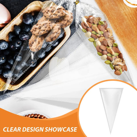 Cone Shaped Treat Bags For Popcorn And Snacks Pack Of 500 Clear Heat Resistant Pouches showcasing cookies and nuts