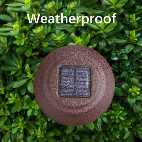 Lit Solar Path Lights 4 Pack Waterproof Metal Outdoor Lights with solar panel on top, surrounded by green foliage.