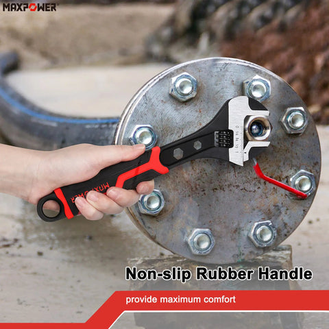Hand using Adjustable Wrench Set 6 Inch 8 Inch 10 Inch, Drop Forged CrV Steel on metal bolt, non-slip rubber handle visible