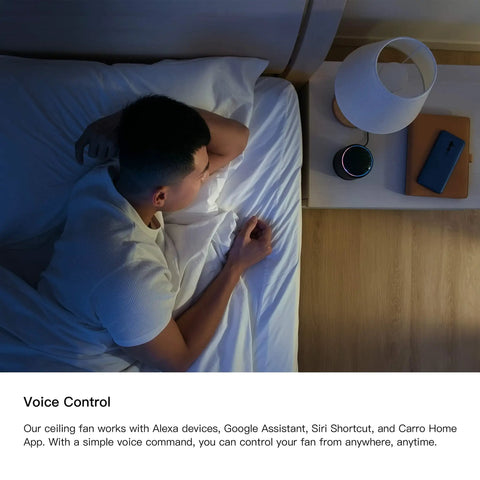 Person in bed using voice control with Modern Indoor Outdoor Smart Ceiling Fan 56 Inch Black With Remote, Alexa Google Home Siri Compatible