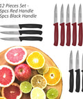 12 Piece Paring Knife Set for Home and Commercial Kitchens With Multipurpose Small Utility Knives and a Sharp German Steel Blade for Peeling Trimming Garnishing Slicing Black and Red Handles with fruits.
