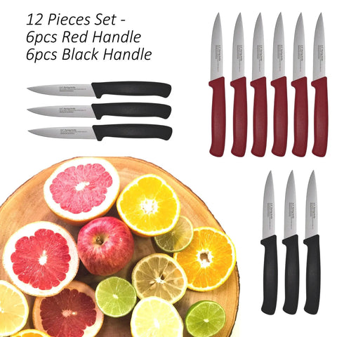12 Piece Paring Knife Set for Home and Commercial Kitchens With Multipurpose Small Utility Knives and a Sharp German Steel Blade for Peeling Trimming Garnishing Slicing Black and Red Handles with fruits.