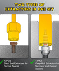 Illustration of Deep Bolt Extractor Set 28 Piece Kit With Three Eighths Inch Drive showing short and deep extractors with bolts.