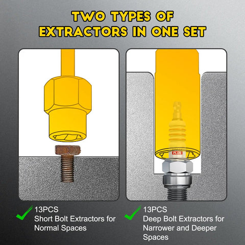 Illustration of Deep Bolt Extractor Set 28 Piece Kit With Three Eighths Inch Drive showing short and deep extractors with bolts.