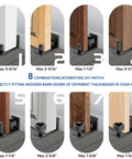 Sliding Barn Door Floor Guide Set, Wall Mount Stay Roller With 8 Setup Options, image showing 8 door thickness configurations.