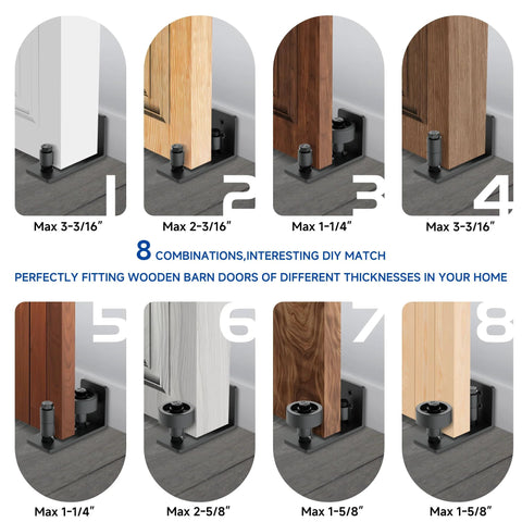 Sliding Barn Door Floor Guide Set, Wall Mount Stay Roller With 8 Setup Options, image showing 8 door thickness configurations.