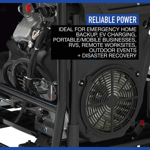 Close-up of heavy duty portable generator engine with controls, showcasing reliable power for emergencies and EV charging.