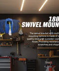 Heavy Duty Extension Cord Reel With 12AWG 40 Ft SJTOW Cable and LED Light Up Tap in workshop, swivel mount feature shown