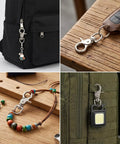 Heavy Duty Metal Swivel Snap Hooks Twelve Pack Slick 360 Spin Trigger Clips For Purses And Keychains attached to bags and keys.