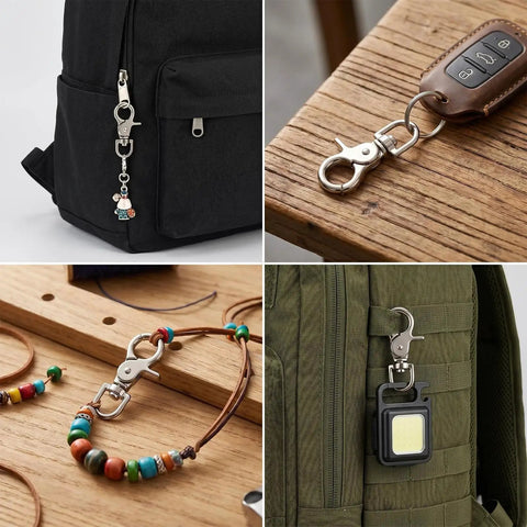 Heavy Duty Metal Swivel Snap Hooks Twelve Pack Slick 360 Spin Trigger Clips For Purses And Keychains attached to bags and keys.