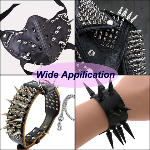 Twenty Pairs Of One Inch Silver Zinc Alloy Bullet Cone Spike Studs With Heavy Duty Iron Screws For Sick Punk Rock Leather shown on various accessories.