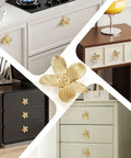 8 Pack 2.4 Inch Brushed Gold Flower Cabinet Knobs With Three Screw Sizes, Vintage Floral Drawer Pulls installed on cabinets and drawers.