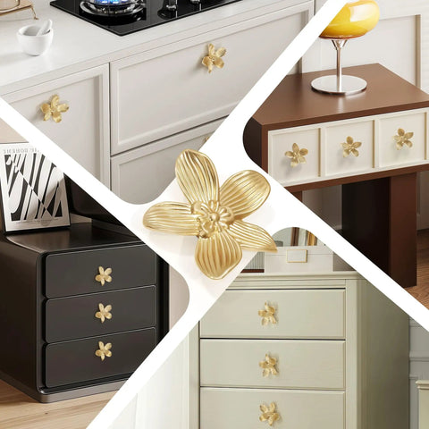 8 Pack 2.4 Inch Brushed Gold Flower Cabinet Knobs With Three Screw Sizes, Vintage Floral Drawer Pulls installed on cabinets and drawers.